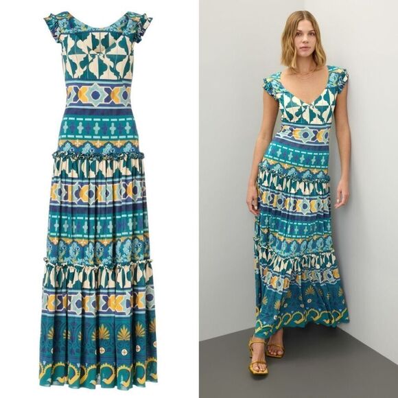 La DoubleJ Dress Pimento Blue Printed V-Neck Short Sleeve Maxi Dress Size XS - Picture 13 of 13